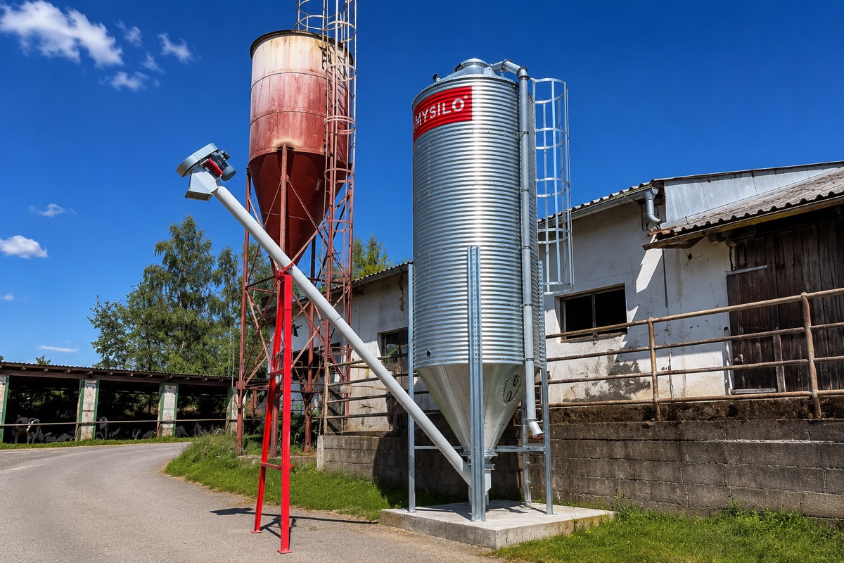 Krmné silo s pneumatickým plněním na farmě